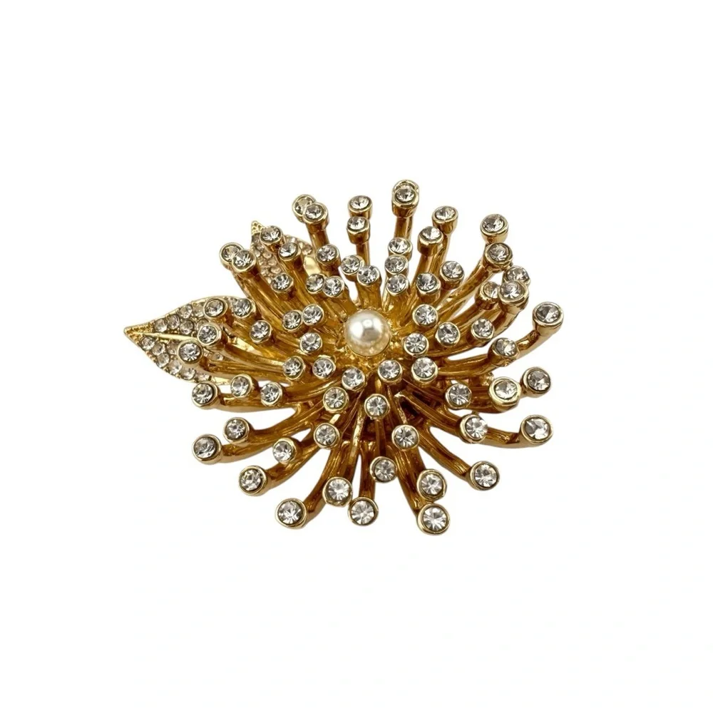 Anne Klein Brooch in Gold - Floral with Crystals